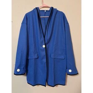 Blue Hooded Blazer Style Jacket Womens XXL Open Front faux Pockets Contrast Trim